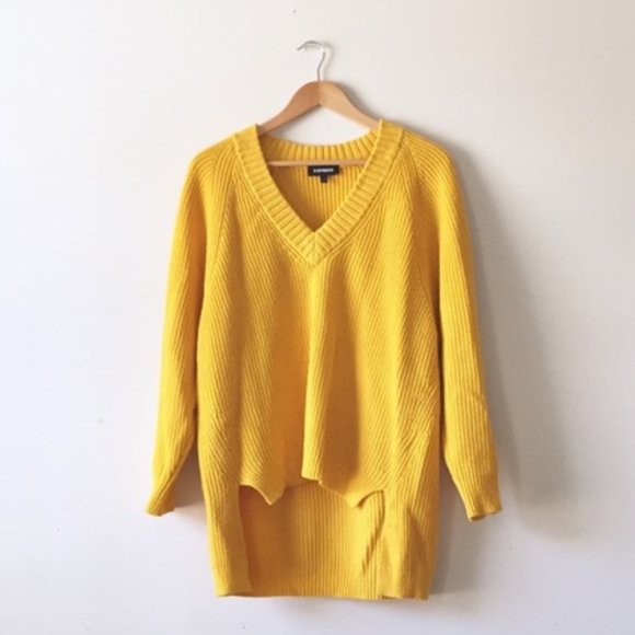 Express Goldenrod Yellow Oversized V Neck High Low Cotton Blend Sweater … - Picture 1 of 9